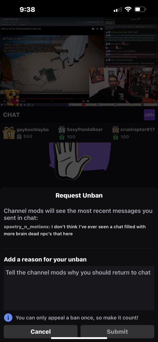 bdubbz1985's tweet photo. Is it sad when the biggest thing that’s happened to you today was getting banned from @hasanthehun’s chat? Lol! I have arrived! https://t.co/HLhihT3JVE