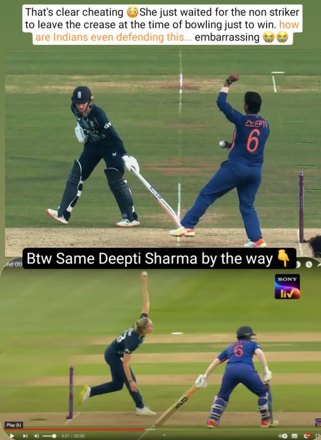 iamrajkumar_18's tweet photo. Deepti Sharma was wrong! She deliberately waited for the non striker to get out of crease! That's it! https://t.co/xq8AMA9IdH
