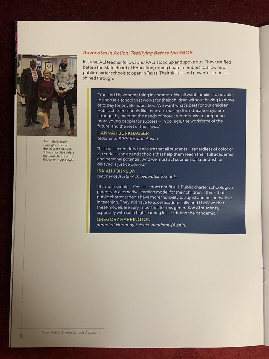 HannahATX's tweet photo. Finally got the chance to sit down and read the @TPCSAnews Annual report and SO honored to see my picture next to @Zay4Jord and Greg Harrington! Advocating for #txcharters in front of the @TXSBOE was such an amazing experience and one I look forward to having again! https://t.co/RgwJRSKXYZ