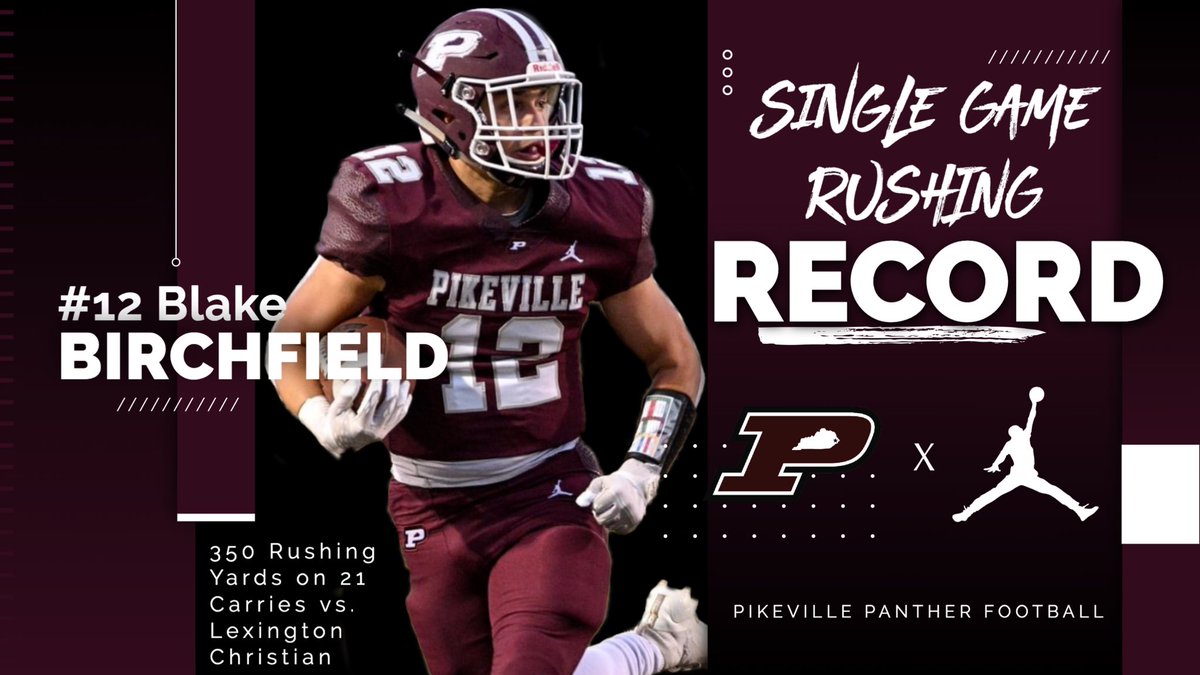 PikevilleHSFB's tweet photo. Congratulations to Senior RB #12 Blake Birchfield on his record-breaking performance against Lexington Christian! 

Birchfield set a new Pikeville High School Record for Rushing Yards in a Single Game with 350 rushing yards on 21 carries vs. the #3 Team in Class AA.

#NowWhat 🐾 https://t.co/kHebvTcsKV