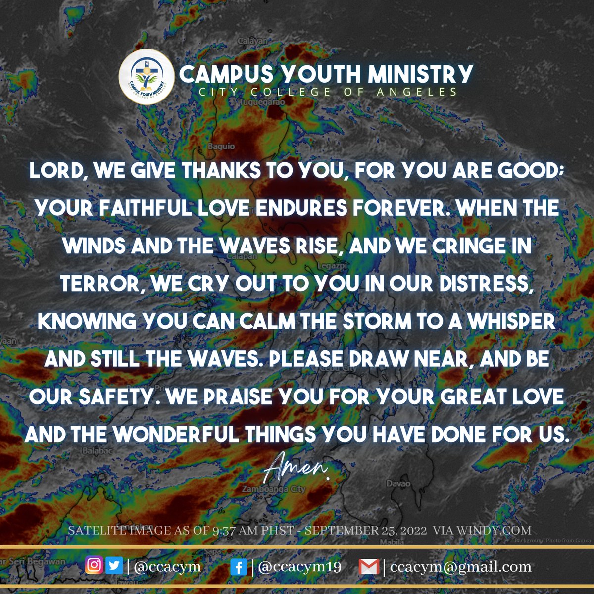 ccacym's tweet photo. The Lord be with you!

Angeleños, as Super Typhoon Karding approaches our country and our Indung Kapampangan, let us pray for everyone's safety. Together, let us ask God for mercy and protection.

1/2 https://t.co/HjttYGiUHC