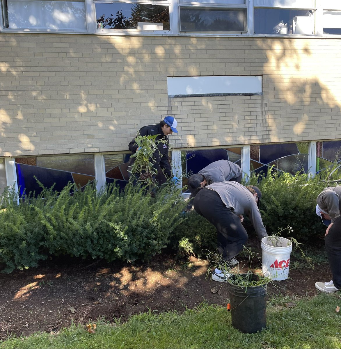 AMC_M_Hockey's tweet photo. There’s nothing more rewarding than giving back and making a difference! Some team bonding weeding and raking out mulch beds making @goannamaria campus look beautiful this morning. ✅ @goAMCATS https://t.co/PbGvruYKzO