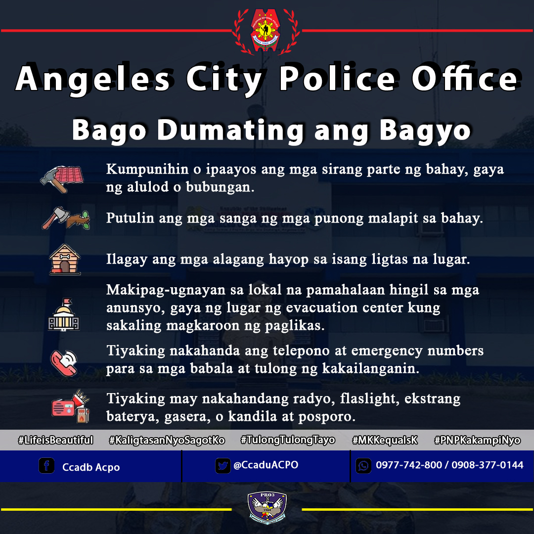 CcaduACPO's tweet photo. Ano ba dapat gawin bago dumating ang Bagyo?

Paalala mula sa Kapulisan ng Angeles.

#LifeIsBeautiful
#KaligtasanNyoSagotKo
#TulongTulongTayo
#MKKequalsK
#PNPKakampiNyo https://t.co/6VhkRTzmOl