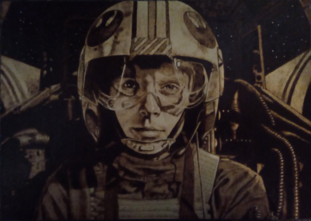 MalDudemaker's tweet photo. Happy Birthday @MarkHamill
I taught myself pyrography this year &amp; did this piece recently, hope you like it.
I always love Luke's first scenes in the x-wing, how far the farmboy has come from Tatooine. 
I hope you have a great day 🙂👍
#MHHSBD #pyrography #StarWars https://t.co/i3IHLLAJIF
