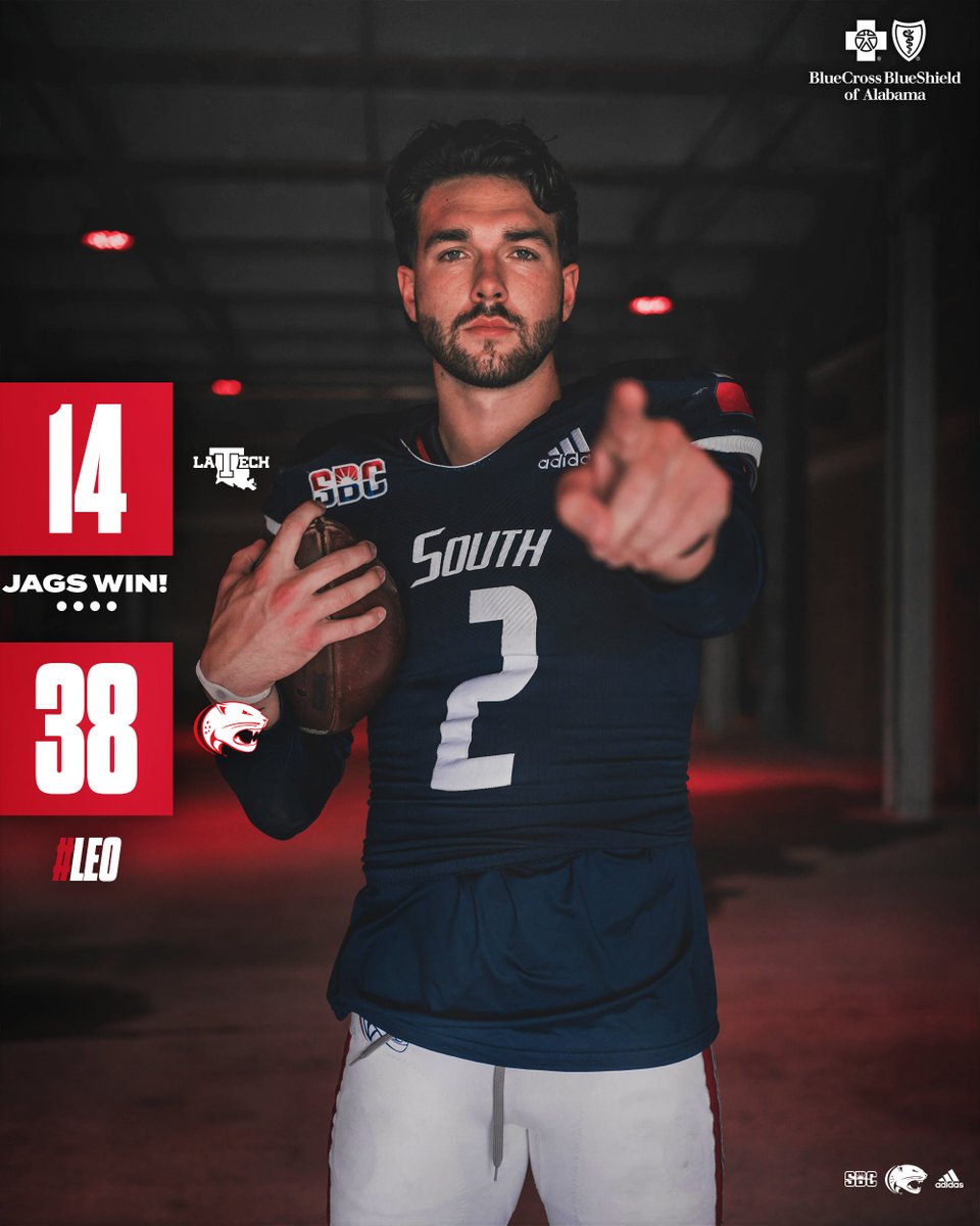 SouthAlabamaFB's tweet photo. 🚨🚨JAGS WIN 🚨🚨

South downs LA Tech 38-14 in Hancock Whitney ‼️

#LEO | #OurCity https://t.co/nOfKhMeWPx