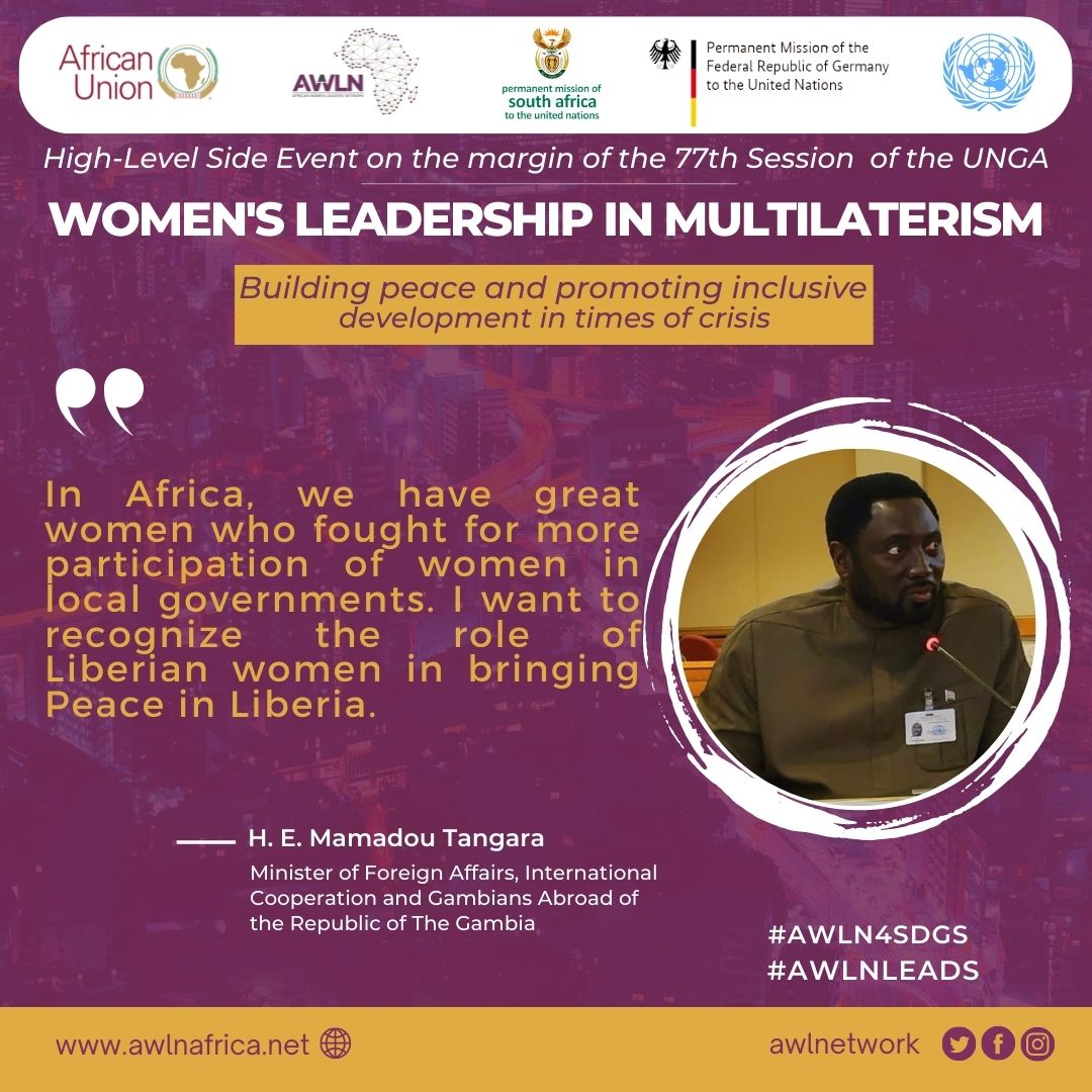 AWLNetwork's tweet photo. #Stillreeling from our #Highlevelevent on ♀️ in Multilateralism👐🏽
H.E. Mamadou Tangara, Min of Foreign Affairs, Gambia @AmbTangara recognized the role of ♀️ in #peace_building & encouraged their continued #inclusion in #peaceprocesses
#AWLN4SDGs
#AWLNLeads
#TheFutureisFemale https://t.co/25RV8nxjB3