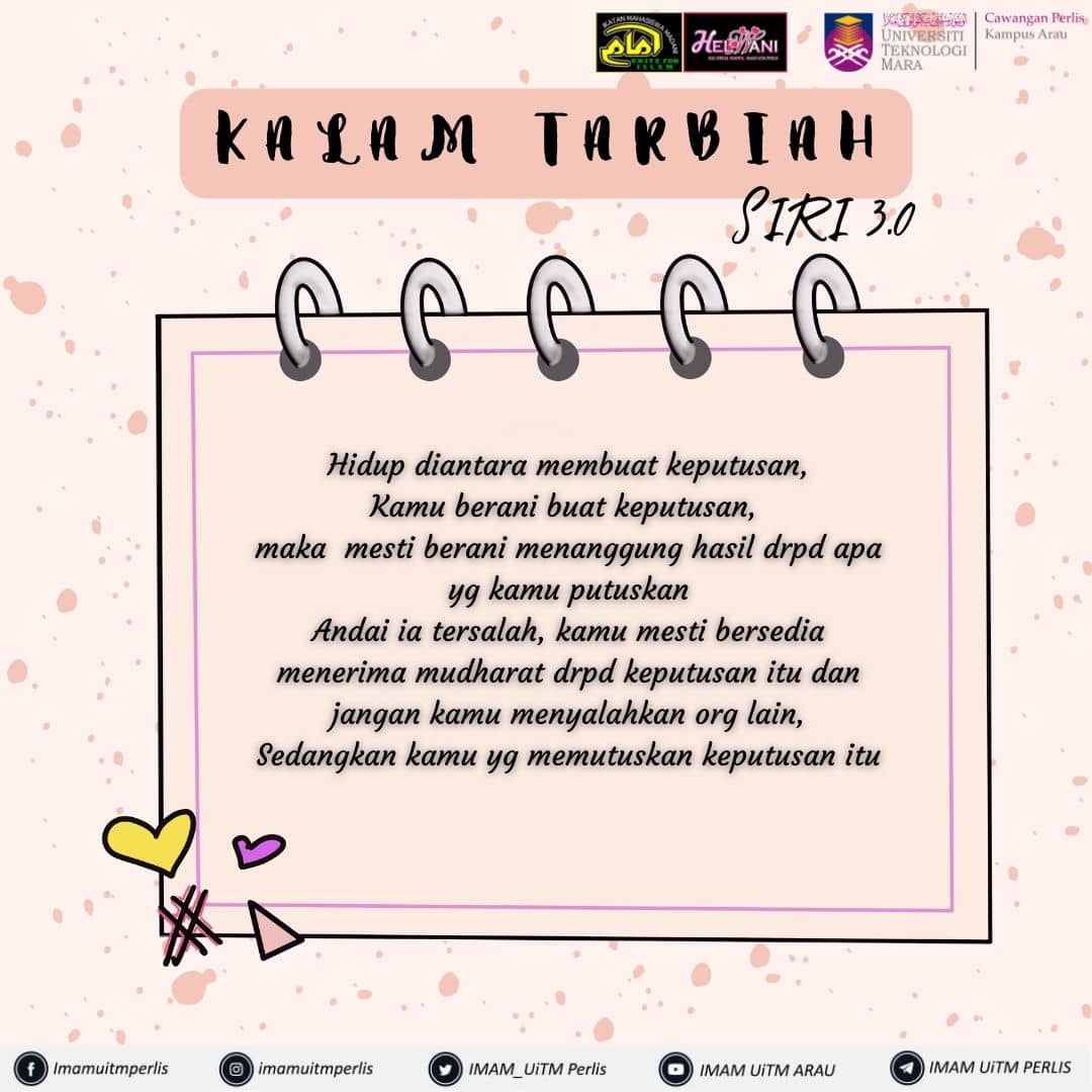 IMAM_UiTMPerlis's tweet photo. |KALAM TARBIAH 3.0 🌻|

Maka sebelum membuat sesuatu keputusan nilailah dengan betul dan buatlah keputusan berdasarkan ilmu bukan ikut kehendak nafsu

#KalamTarbiah
#KitaIMAM
#IslamMenerajuiProfesionalisme
#IMAMDIHATIKU
#IMAMUiTMPERLIS https://t.co/lMk9SXuW1L