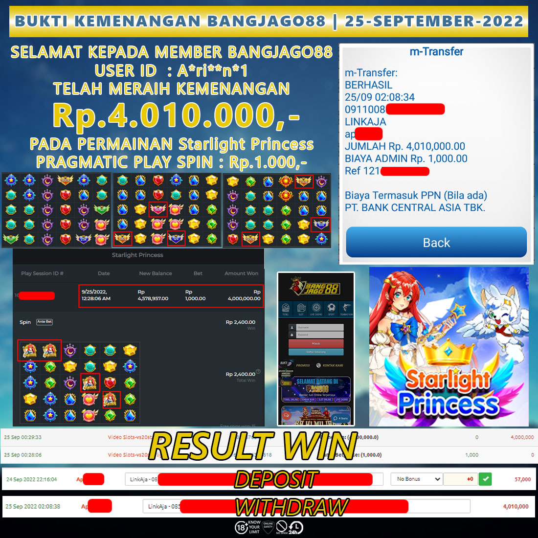 wardajago's tweet photo. SELAMAT KEPADA MEMBER BANGJAGO88 USER ID : A*ri**n*1 TELAH MERAIH KEMENANGAN Rp.4.010.000,- PADA PERMAINAN Starlight Princess PRAGMATIC PLAY SPIN : Rp.1.000,-
#bangjago88 #agenslot #agenslotonline #agenslotonlineterpercaya #situsslotonline #situsagenslotonline #slotonline #slot88 https://t.co/DwED4xlaLk