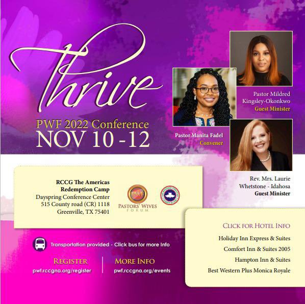RccgNAR10's tweet photo. PSA to Pastors’ Wives in North America…time to #Thrive #2022PWF Register to book your spot https://t.co/kxoLONqSnQ @PWsForum @RCCGNA_ https://t.co/cMgJJgYk3H