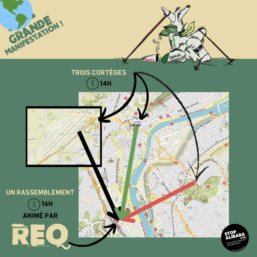 stopalibaba's tweet photo. Ça y est, la manifestation contre l'extension de Liège Airport c'est aujourd'hui ! Avec plus de 100 associations, rejoignez nous dès 14H dans un des 3 cortèges, ou à 16H aux Guillemins pour concerts et prises de paroles ! https://t.co/j5rvZAxeFi