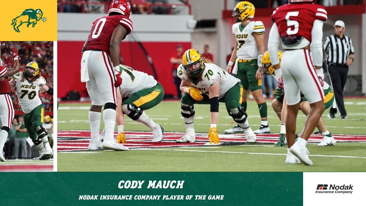 NDSUfootball's tweet photo. Cody Mauch is the Nodak Insurance Company Player of the Game after a strong performance by the Bison offensive line at South Dakota. NDSU rushed for 356 yards and four touchdowns averaging 5.8 yards per carry. https://t.co/1JzbreFxZu