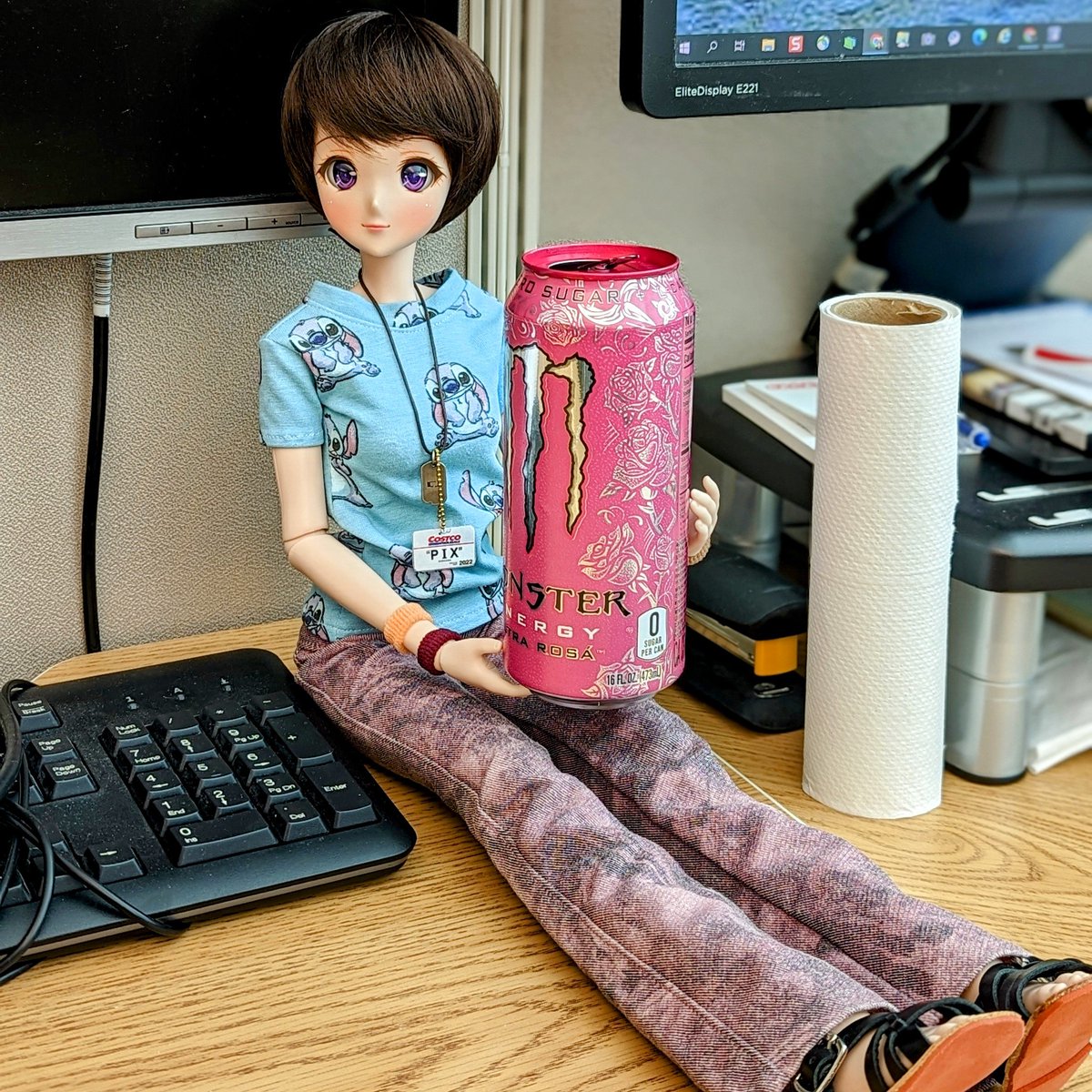 'Hey, Pix, spare me some!' (fortunately my employer Costco sells this by the case!)😅#Pix #SmartDoll #BJD #desk #actionfigure #Monster #Costco #energydrink #geekGirl #madskills #hightech #office #work #Stitch #cubicle #badge #cubelife #corporate #cubefarm #longday #energize #TGIF