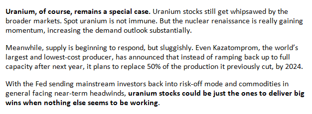 I agree with analysts like Lobo Tiggre that, recession or not, the world is hungry for more secure #electricity⚡️ especially #CarbonFree 24/7 baseload #Nuclear⚛️🏗️🌞 in an #EnergyCrisis.😟 #Uranium #mining #stocks are a 'special case' that seems set for strong gains ahead.📈🤠🐂