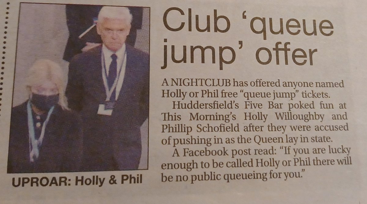 A nightclub is offering anyone named Holly or Phil free ' queue jump ' tickets 😁  #queuejumpers #QueueForTheQueen #queensfuneral #QueenElizabeth #QueenElizabethII #TheQueue #TheQueen #Queen #queuejumping #HollyandPhil #HollyWilloughby #phillipschofield #ThisMorning #QueueWatch