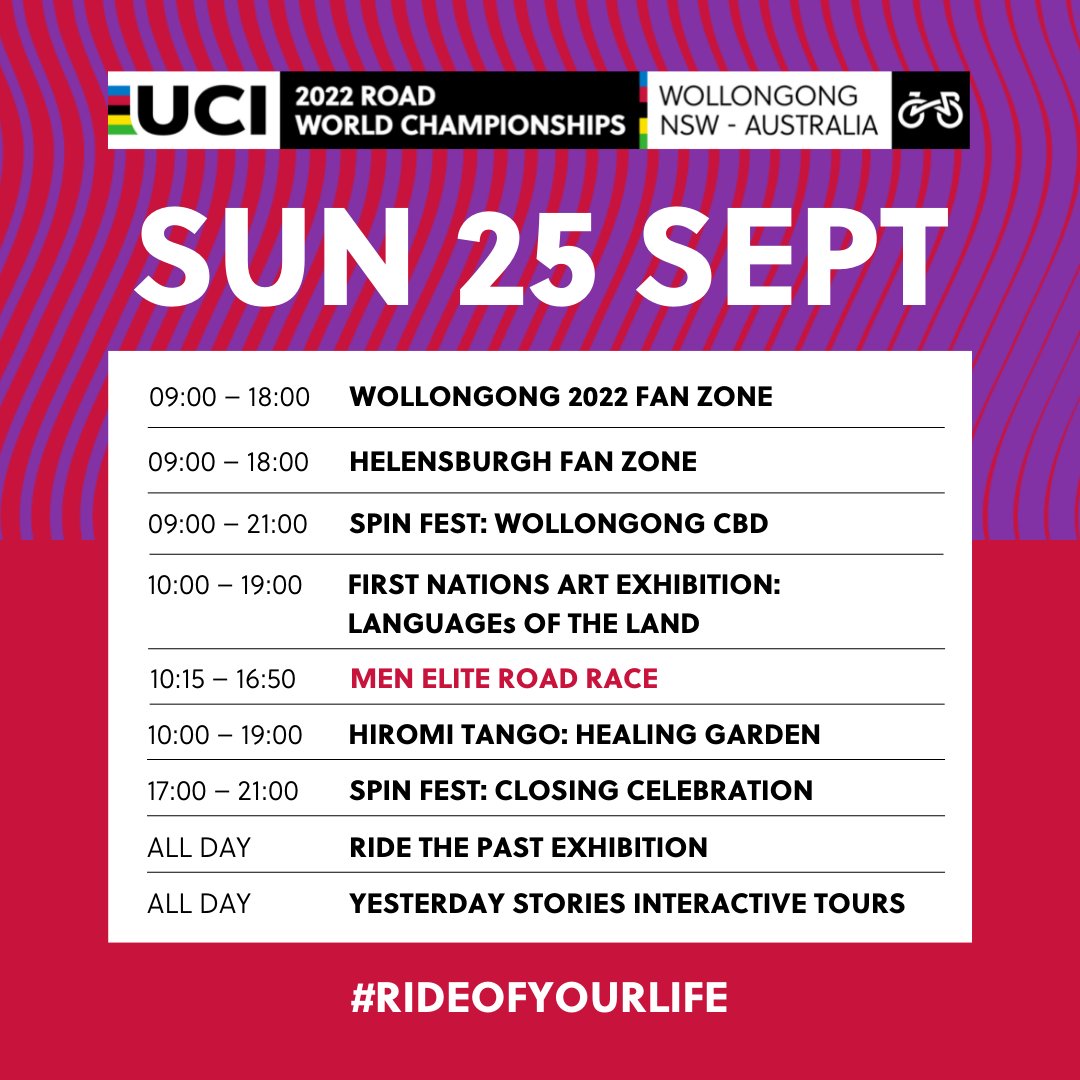 Prepare for a sensational Sunday! 🎉

We are finishing the 2022 UCI Road World Championships with a bang! Check out our handy highlights guide for our last (and legendary) day of events. ⭐️

🔗 Find out more here: bit.ly/3xOixX0

#wollongong2022 #rideofyourlife