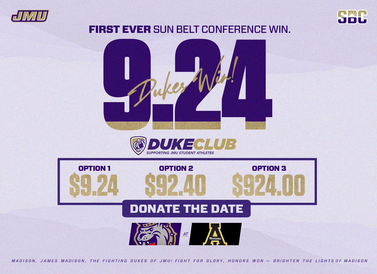 Hang it on the timeline 📆 First-ever @SunBeltFB win in the books! ✅ Be part of the moment and commemorate September 24 with a donation to the @JMUDukeClub Proud and True Fund! 🎁 | bit.ly/3SuLOxz #GoDukes
