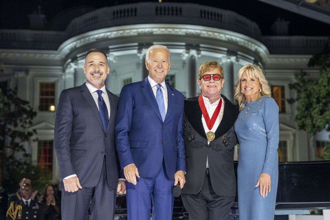 On his final tour, Jill and I invited Sir Elton John to the People's House. I proudly presented @eltonofficial with the National Humanities Medal for a legacy of challenging convention, shuttering stigma, and advancing the truth that all of us deserve to be treated with dignity.