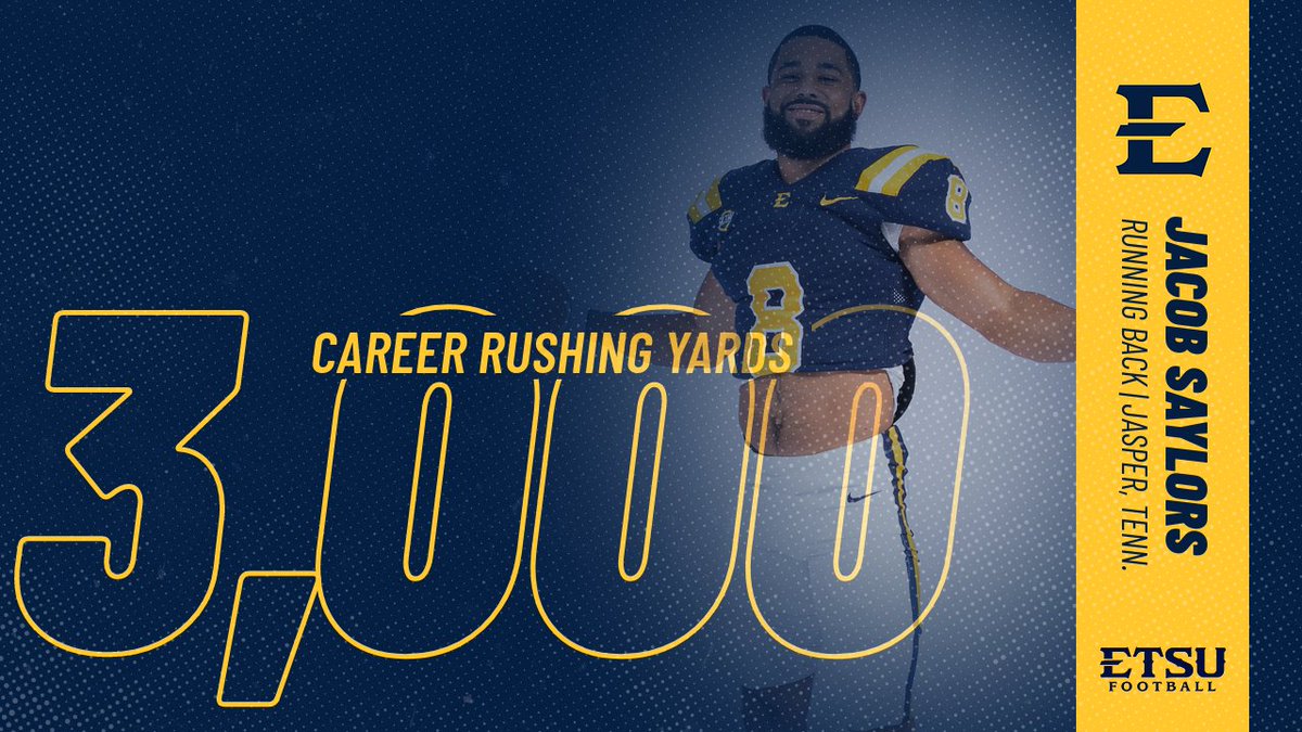 ETSU Football (@etsufootball) on Twitter photo ๐ ๐ฟ. ๐ฏ๐ฌ๐ฌ๐ฌ!
Congrats to ๐๐ฎ๐ฐ๐ผ๐ฏ ๐ฆ๐ฎ๐๐น๐ผ๐ฟ๐ on eclipsing ๐ฏ,๐ฌ๐ฌ๐ฌ career rushing yardsโ๏ธ
Saylors is just the third Buccaneer to accomplish the feat as his ๐ฏ,๐ฌ๐ญ๐ด yards rank third all-time in program history 
#ETSUTough ๐ ๐ฟ. ๐ฏ๐ฌ๐ฌ๐ฌ!
Congrats to ๐๐ฎ๐ฐ๐ผ๐ฏ ๐ฆ๐ฎ๐๐น๐ผ๐ฟ๐ on eclipsing ๐ฏ,๐ฌ๐ฌ๐ฌ career rushing yardsโ๏ธ
Saylors is just the third Buccaneer to accomplish the feat as his ๐ฏ,๐ฌ๐ญ๐ด yards rank third all-time in program history 
#ETSUTough