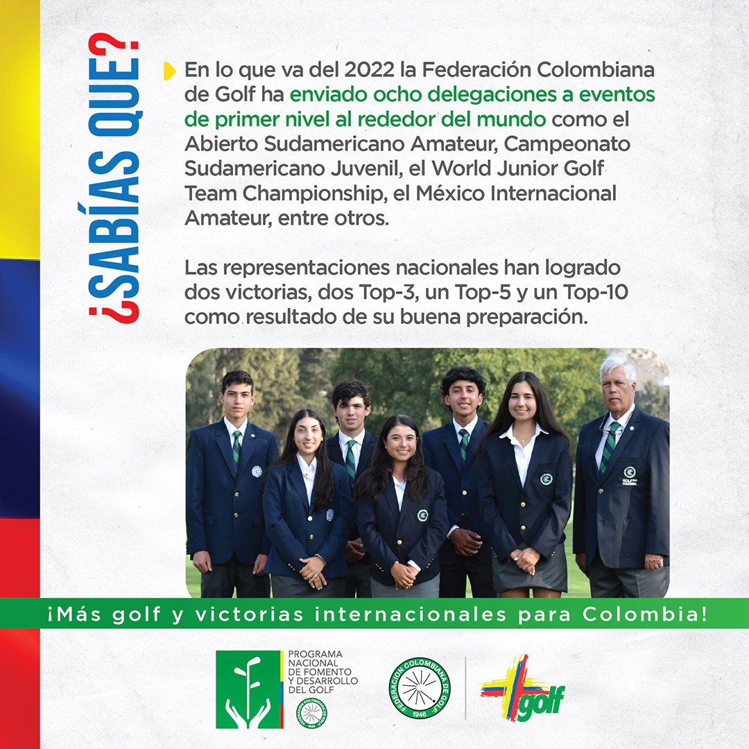 Fedegolf's tweet photo. ¿#SabíasQué?🧐...
COLOMBIA🇨🇴 ha sido representada por un gran grupo de los mejores golfistas nacionales en el exterior durante este 2️⃣0️⃣2️⃣2️⃣, logrando ser protagonistas en varios de los eventos disputados.
#Fedegolf #DJCG #PNFD #MÁSGOLF ⛳️🇨🇴 https://t.co/60nFaeqw5k
