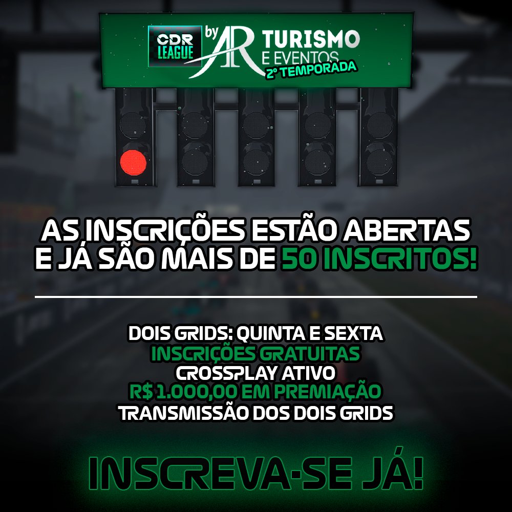 CDRGaming's tweet photo. Campeonato com cobertura completa e GRATUITO! 

✅Transmissões narradas na Twitch
✅Vídeo dos melhores momentos no Youtube
✅Postagem dos resultados nas redes sociais
✅Entrevistas semanais com os pilotos

Inscrição: https://t.co/vDpRzGD4BA

Dúvidas? Entre em contato pelas redes! https://t.co/vHEY0SMsta