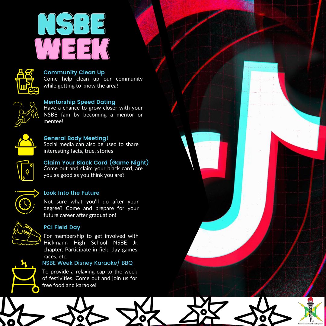 We are proud to present NSBE Week Oct 2nd- 8th. We have fun events planned for you, every single day of the week😁. (Individual flyers for the events dropping soon so keep an eye out😉)