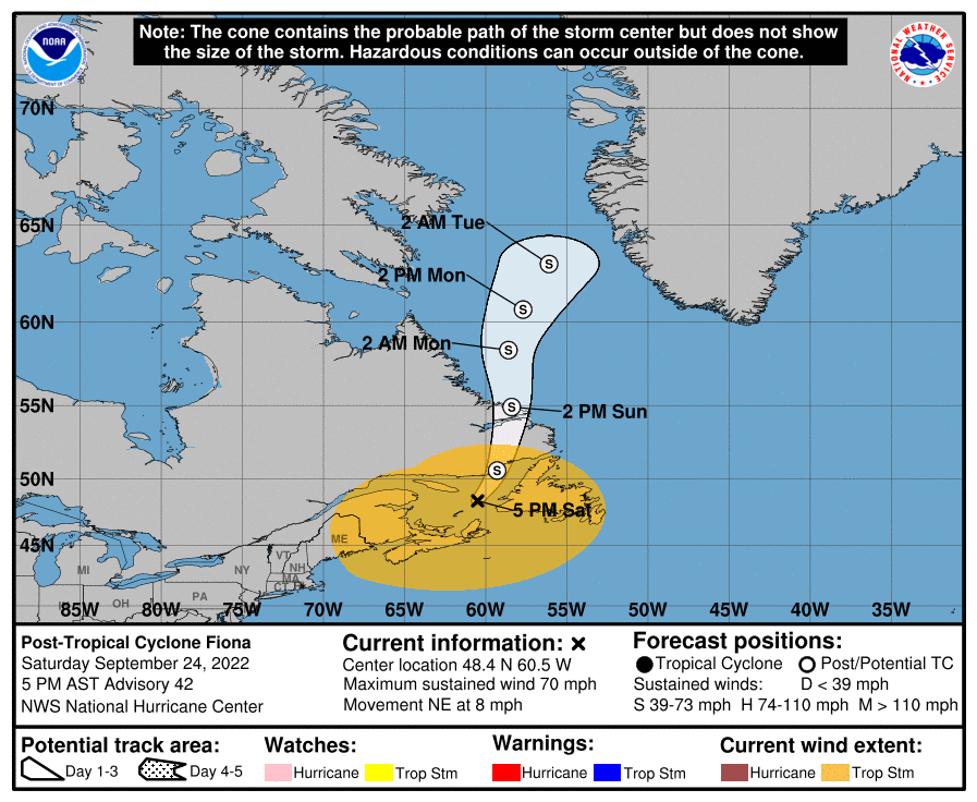 AnthonyDuarte03's tweet photo. 5 PM AST advisory-
#Fiona has weakened to a post-tropical-storm force cyclone over #AtlanticCanada. Hurricane and tropical storm warnings have been discontinued for Atlantic Canada. This is the LAST advisory from the NHC on Fiona. https://t.co/tks2KguUa7