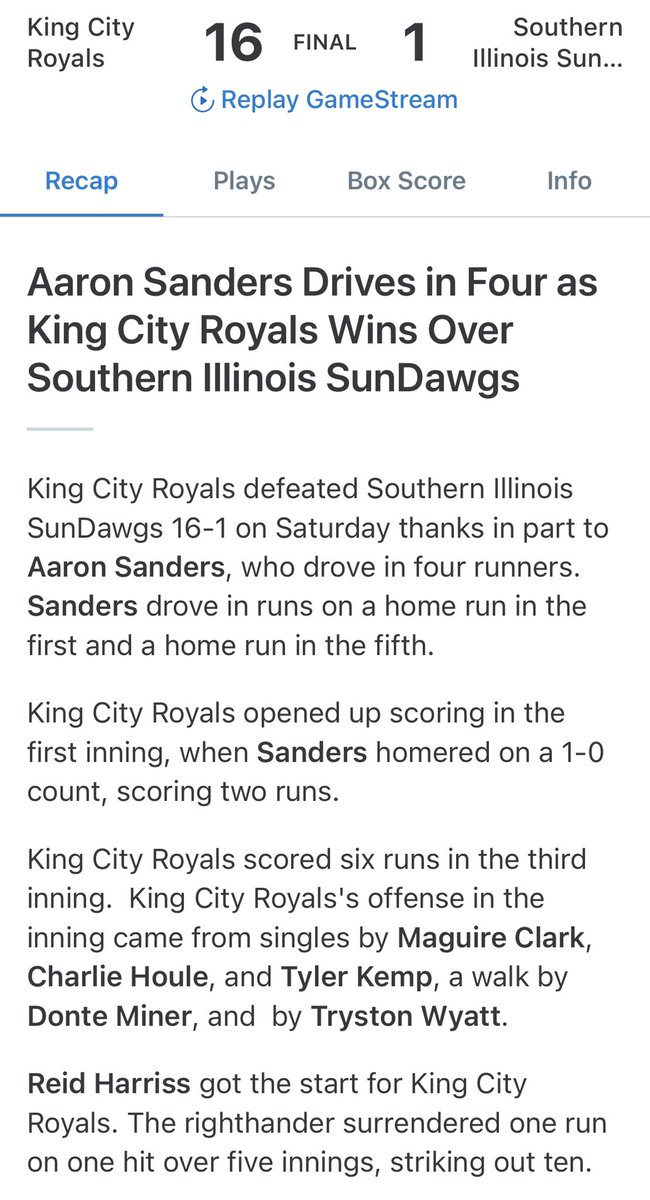Rend Lake Rascals (@rendlakerascals) on Twitter photo King City advances to tomorrow’s quarterfinal against the Black Sox. Big day from <a href="/aaronsanderss_/">Aaron Sanders</a> with two bombs 💣 💣 Reid Harris goes 5 innings with 10 K’s only allowing 1 hit King City advances to tomorrow’s quarterfinal against the Black Sox. Big day from <a href="/aaronsanderss_/">Aaron Sanders</a> with two bombs 💣 💣 Reid Harris goes 5 innings with 10 K’s only allowing 1 hit