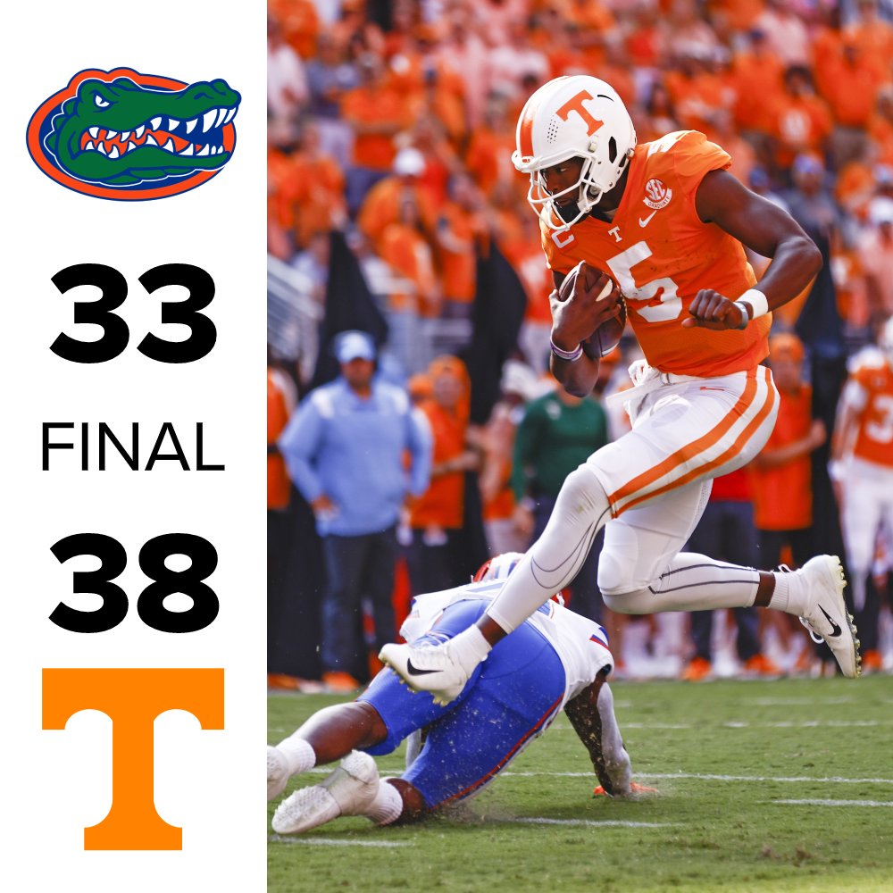 wbir's tweet photo. No. 11 Tennessee defeats rival Florida 38-33 for the first time since 2016! 🏈🏈
https://t.co/pYHY3cfguA https://t.co/IRJ7Vpl6zA