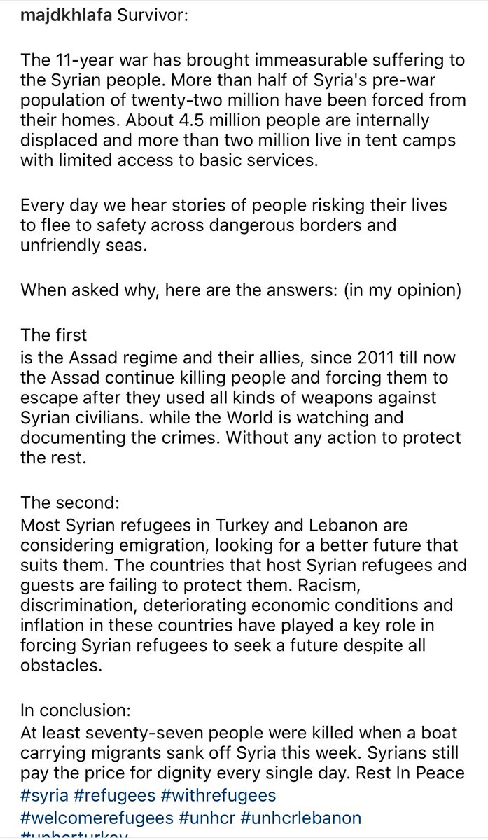 majdkhalaf1993's tweet photo. Read this piece that I wrote today
About boat sinking titled: the survivor: So far, 77 dead Syrian migrant. 
#withrefuges #UNHCR #Refugees 
https://t.co/RsUXHizhLf https://t.co/NgwMmjcIY5