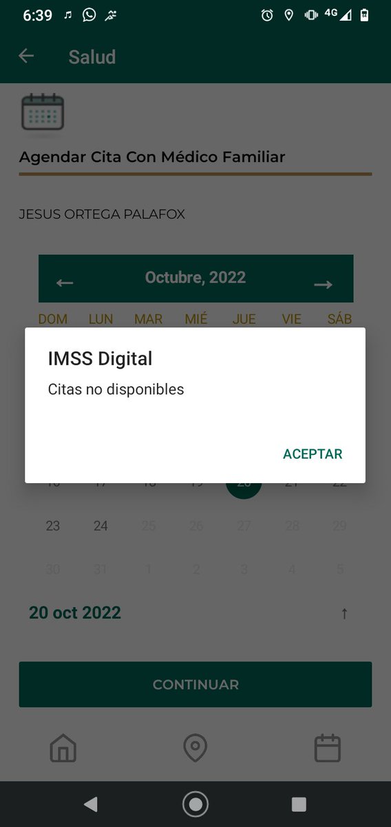 m3r0l's tweet photo. @imssdigital creo que no está funcionando la app ya llevo varios días intentando agendar una cita y me arroja ese mensaje, y intenté en varias fechas y es lo mismo, ayuda por favor https://t.co/LQ3w8kb1cd