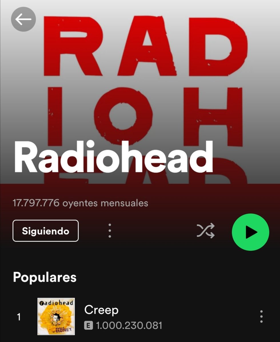 iancfuentes's tweet photo. Hace unos días la canción Creep de Radiohead estaba cumpliendo 30 años de ser lanzada y hoy a superado las 1.000.000.000 de reproducciones en Spotify.  @radiohead https://t.co/dLM09CjeGM