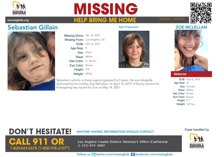 #MISSING!
Sebastian's photo is shown age-progressed to 9 years. He was allegedly abducted by his mother, Zoe McLellan, on April 16, 2019 in #LosAngeles, #California. A felony warrant for Kidnapping was issued for Zoe on May 14, 2021.

missingkids.org/poster/NCMC/14…