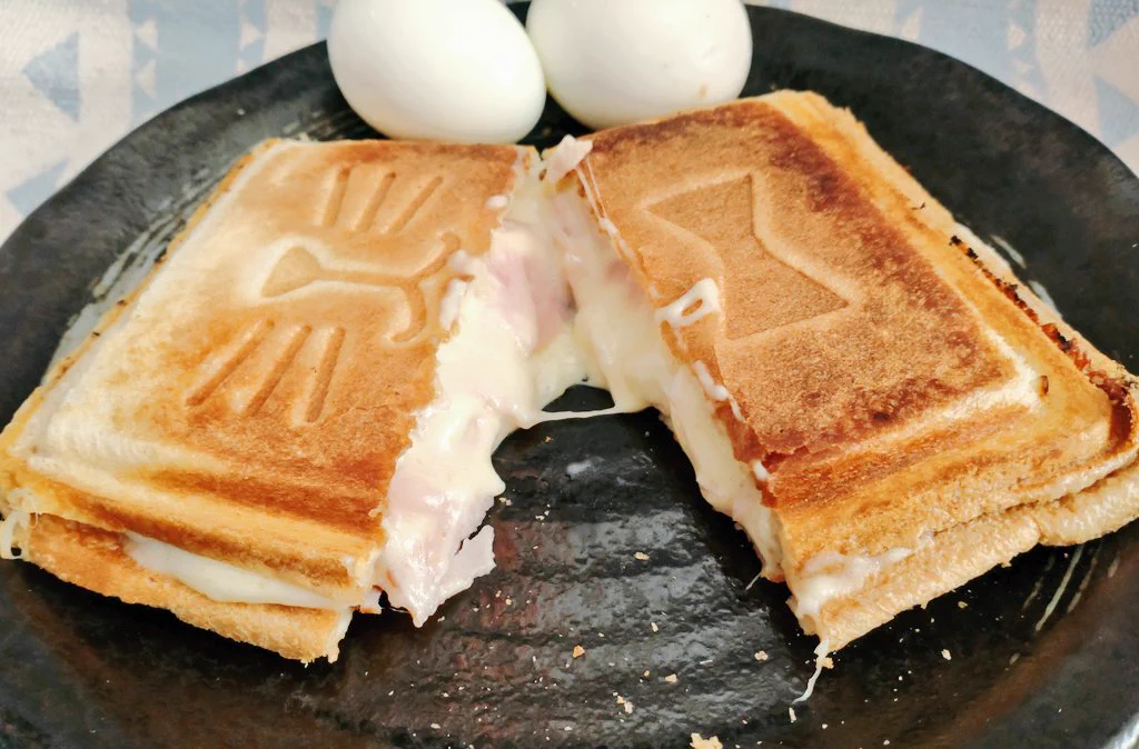 ホットサンドにしたらさすがに綺麗にミルフィーユ断面見られないけど、このチーズ感が素晴らしい(●′¬′● )🧀
(8枚くらい重ねた)  