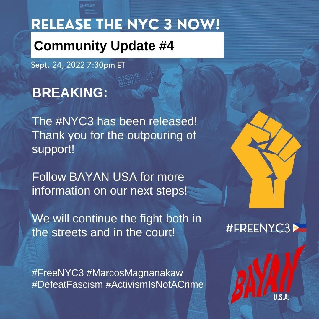 BAYAN_USA's tweet photo. 🇵🇭 FREE NYC 3 UPDATE #4

The #NYC3 has been released! Thank you so much for your outpouring support!

Follow BAYAN USA for more info on our next steps! We will continue the fight both in the streets &amp; in the court!

#FreeNYC3 #ArrestMarcos #DefeatFascism #ActivismIsNotACrime

1/n https://t.co/vAVB0vIBEh