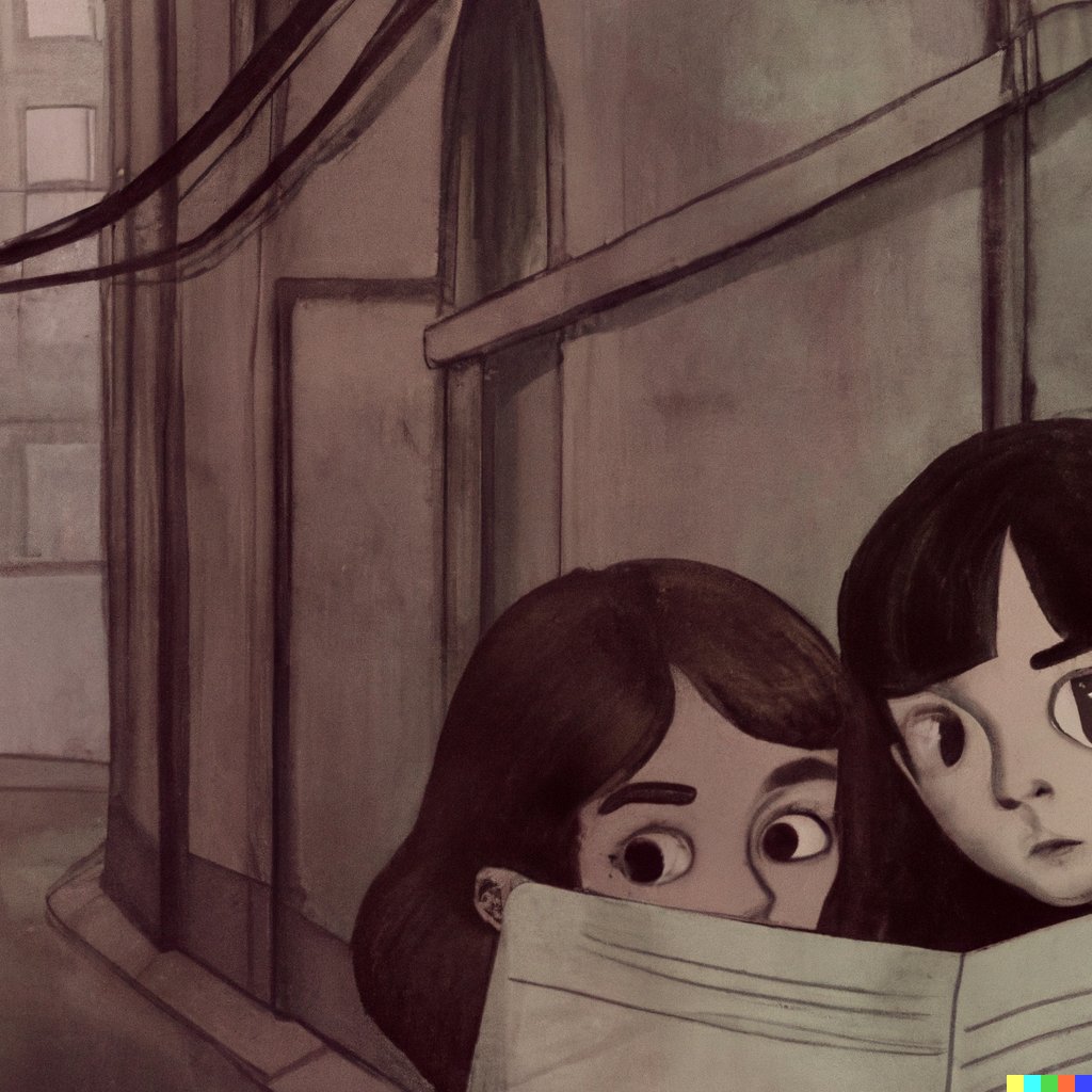 SMCADMAN's tweet photo. “A #ShionTakeuchi illustration of two girls aged 9 and 12 both with brown hair and both with brown eyes hiding in an alley in New York City spying on a conversation between two mobsters.”
#DALLE #openAI #AI https://t.co/fLRyo3aEDW