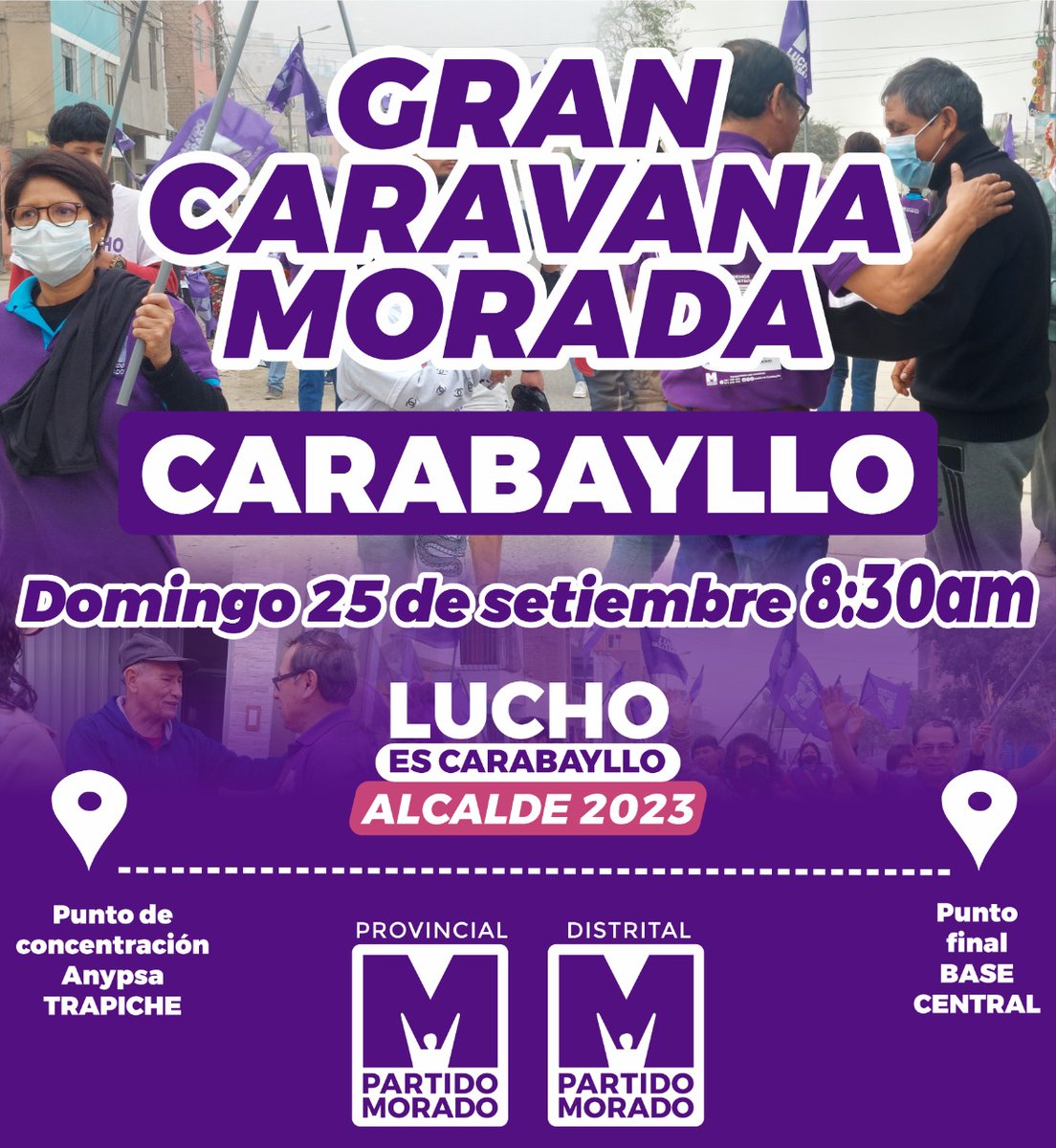 🟣#CaravanaMorada  #CARABAYLLO 🟣
 Gran caravana 'MANOS LIMPIAS - CERO CORRUPCIÓN' se realizará el domingo 25 de septiembre, hora de concentración 8:30 am. Punto de inicio ANYPSA TRAPICHE.
#Carabayllanos con las #ManosLimpias