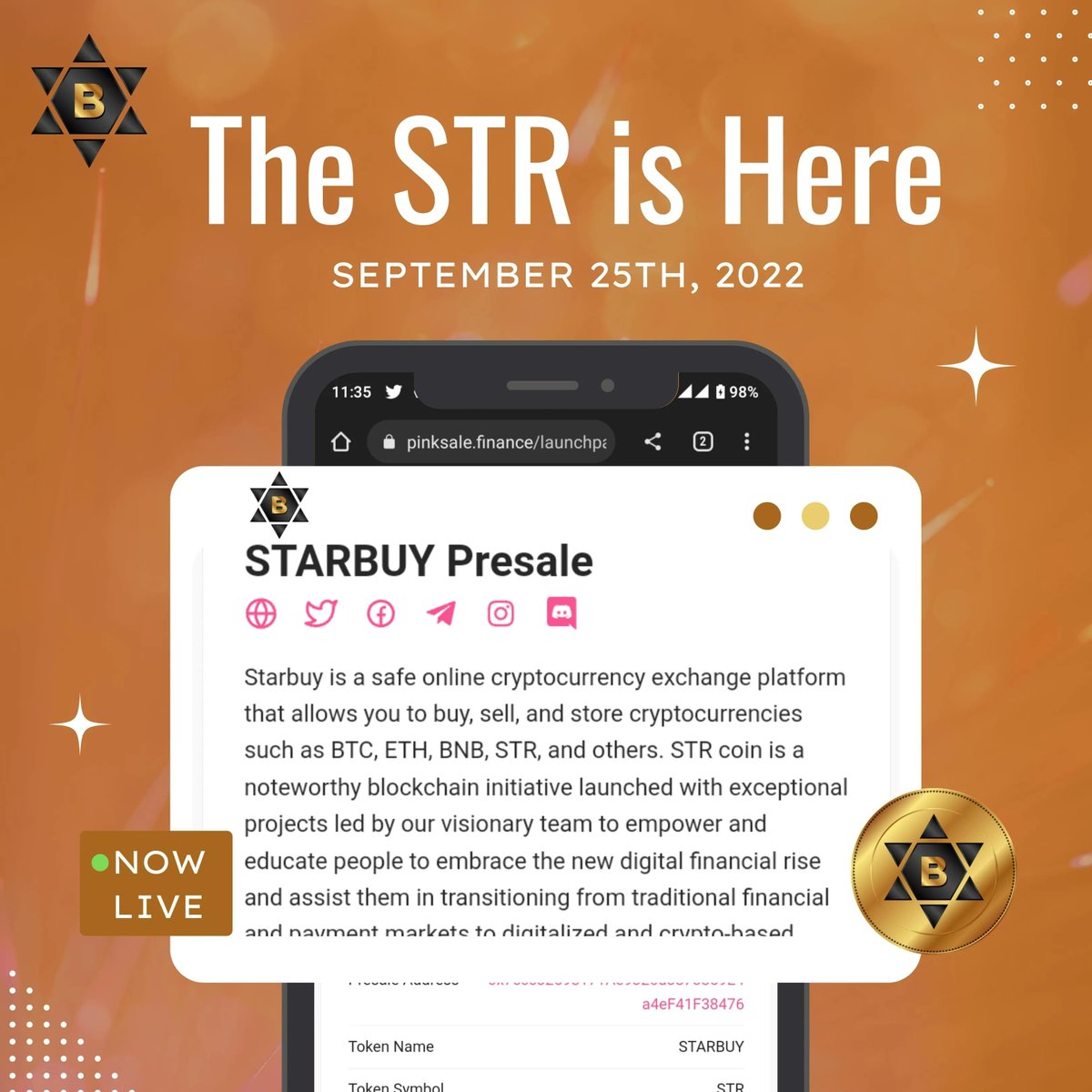 fuelsyncsa's tweet photo. Pinksale Presale Is Now Live! 💰
🚀Presale link: https://t.co/NIDKyOwRNg
1 BNB = 2 500 000 STR 🚀
Buy Now Before Price Increase 🤑
Don’t Miss Out!
#presale #bnb #letsgo #tothemoon #token #diamondhands #Crypto #DeFi #bsc #eth #altcoin #potentialGEM https://t.co/nw85cfb1vt