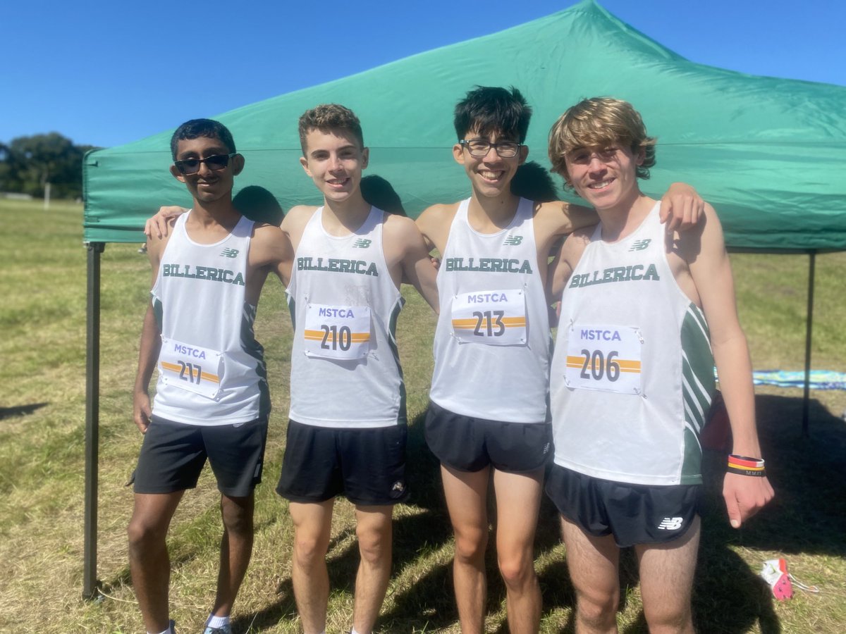 BillericaXCTF's tweet photo. Boys in the 5K championship had a great day. JR Ryan Leslie had a fantastic race, placing 5th out of 272 athletes with a big personal best time of 15:45. JRs Patrick Hall and Scott Canney also had PRs, running 16:48 and 17:13, respectively. SO Ethan Mudur also ran a best of 18:08 https://t.co/lUcFU1S4NL