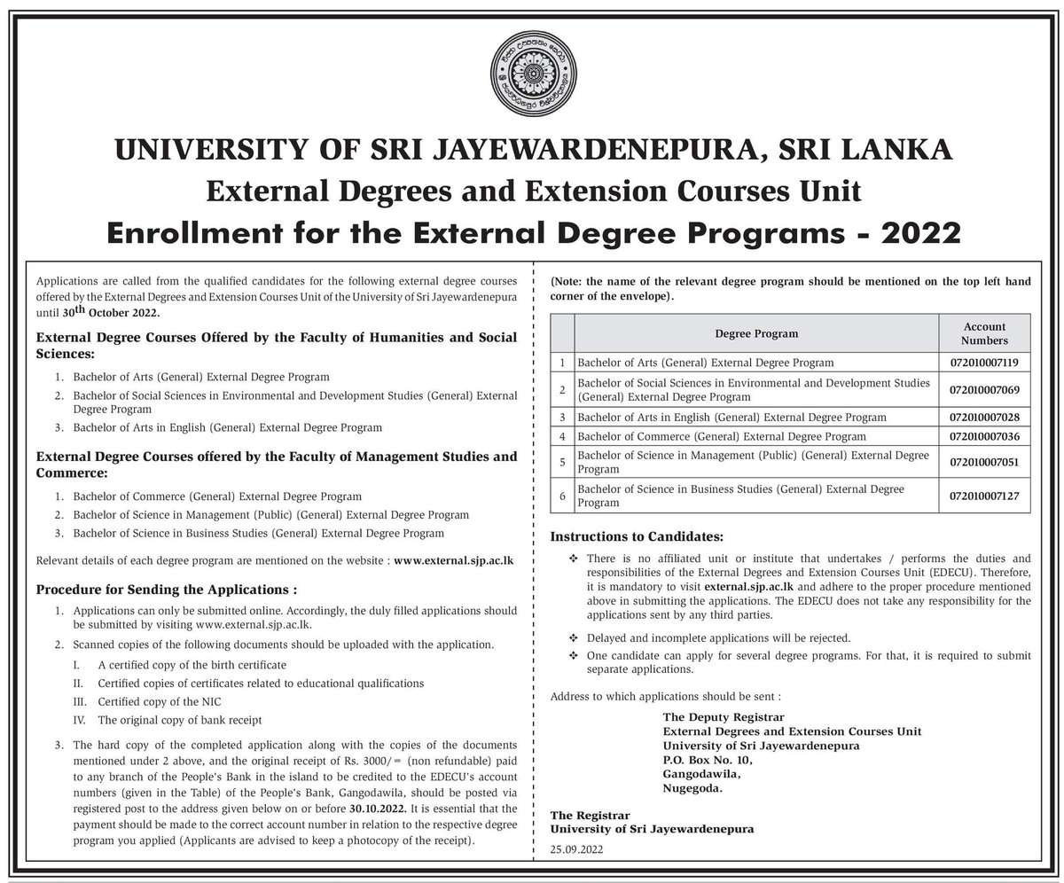 coursenet's tweet photo. External Degree Programmes from the University of Sri Jayewardenepura
ශ්රී ජයවර්ධනපුර විශ්වවිද්යාලය මගින් ලබාදෙන බාහිර උපාධි පාඨමාලා
#degree #externaldegree #coursenet https://t.co/DSnis0PgQW