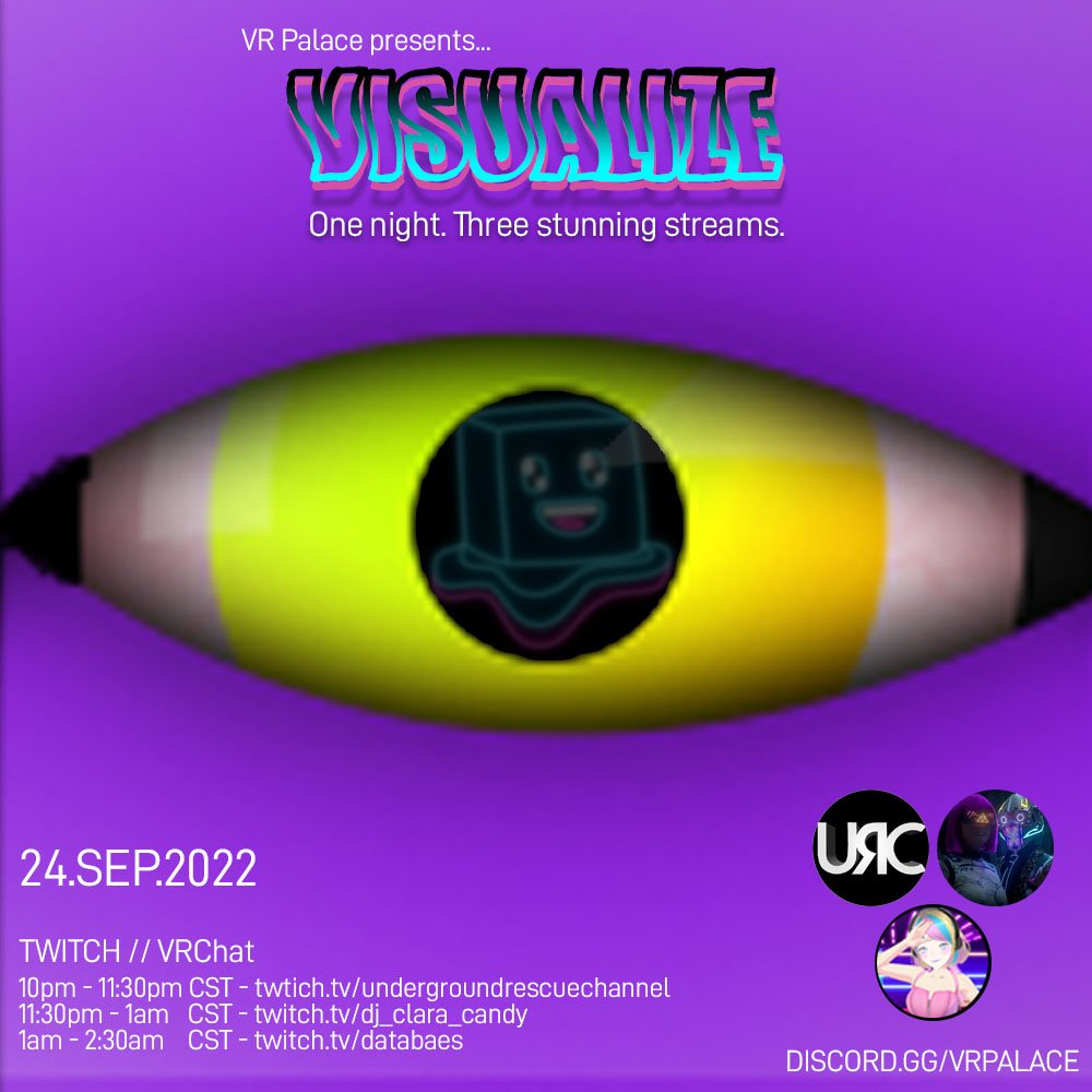 URCBeats's tweet photo. Tonight! All times CST
10 - 11:30 PM https://t.co/lWr5k0Lb5V
11:30 - 1:00 AM https://t.co/KJbmqvpJaY
1 - 2:30 AM https://t.co/XJ3phqvvo8
https://t.co/YWekSlD7cx
#URC #undergroundrescuechannel #URCBeats #DJDragon #YEG #VR #VRPalace #DataBaes #DJClaraCandy #Visualize #Twitch https://t.co/yqJKWuawl9