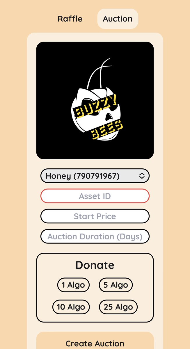 BuzzyBeenft's tweet photo. Auctions are now live on https://t.co/odxKs6cSWz 🐝 
Click the Hammer icon to switch to Auctions listings. You can use the same ASAs that we use with Raffles! 

We also have a Bee to giveaway! Get 50% reduced fees on raffles/auctions
1. Like
2. Retweet
3. Have a good weekend! https://t.co/UFw3CrG6Vm