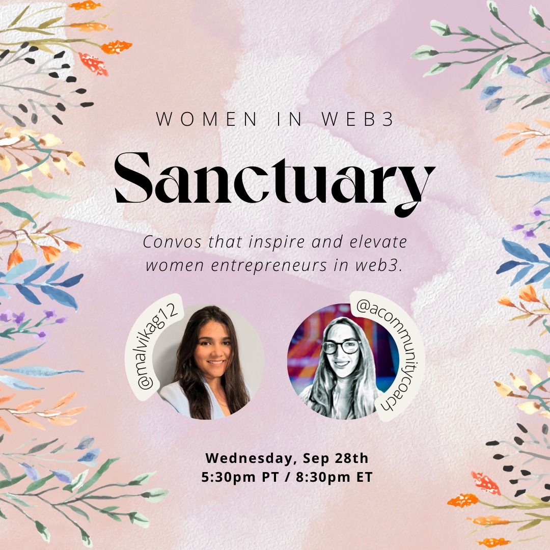 malvikag12's tweet photo. Why do you need community to launch a successful web3 product?
Tune into WiW3 Sanctuary, where
@acommunitycoach will unpack this question, learn about Carmen's journey into community consulting, and hear her hot takes on community in web3.
 https://t.co/fLO0Wpk0Ae https://t.co/LKVJkY60Jh