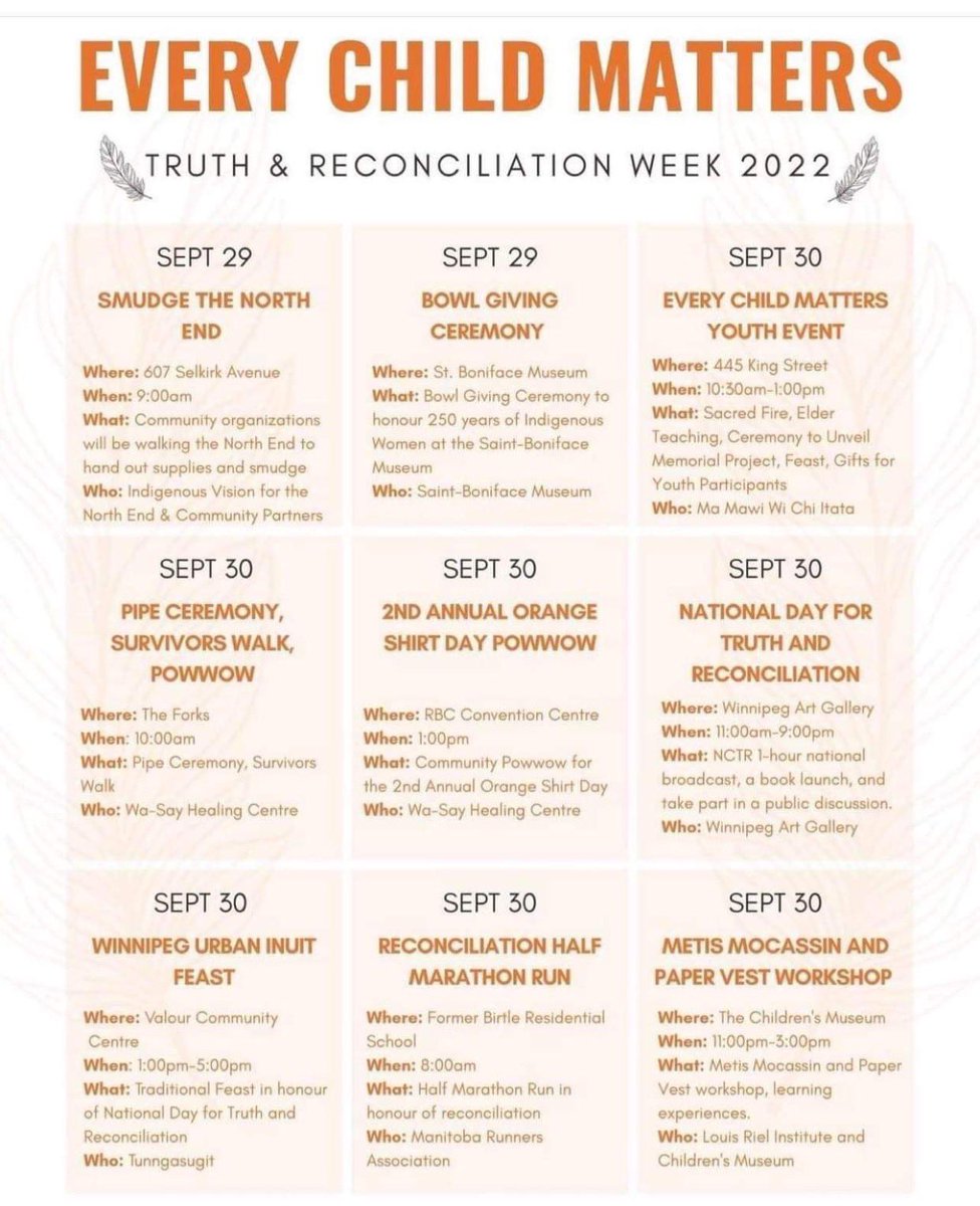 Leanne Smith (@leannesmithk) on Twitter photo Some of the events going on in #winnipeg for #TruthAndReconciliation week. Miigwech to <a href="/Niigaanwewidam/">Niigaan Sinclair</a> for the list! #EveryChildMatters
🧡🧡🧡🧡🧡🧡🧡🧡🧡🧡🧡 Some of the events going on in #winnipeg for #TruthAndReconciliation week. Miigwech to <a href="/Niigaanwewidam/">Niigaan Sinclair</a> for the list! #EveryChildMatters
🧡🧡🧡🧡🧡🧡🧡🧡🧡🧡🧡