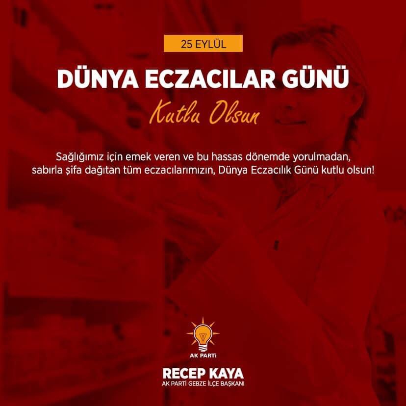 İnsan sağlığına önemli katkılar sunan tüm eczacılarımızın  #EczacılıkGünü ‘nü en içten dileklerimle kutluyorum.

#AkPartiGebze  #RecepKaya  #EczacılıkGünü