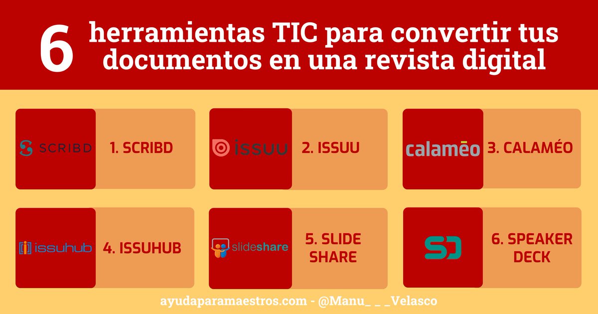 AyudaMaestros's tweet photo. 6 herramientas TIC para convertir tus documentos en una revista digital. 👉 https://t.co/B5TgaBN4Sg Por @Manu___Velasco https://t.co/S3kGbT0lkf