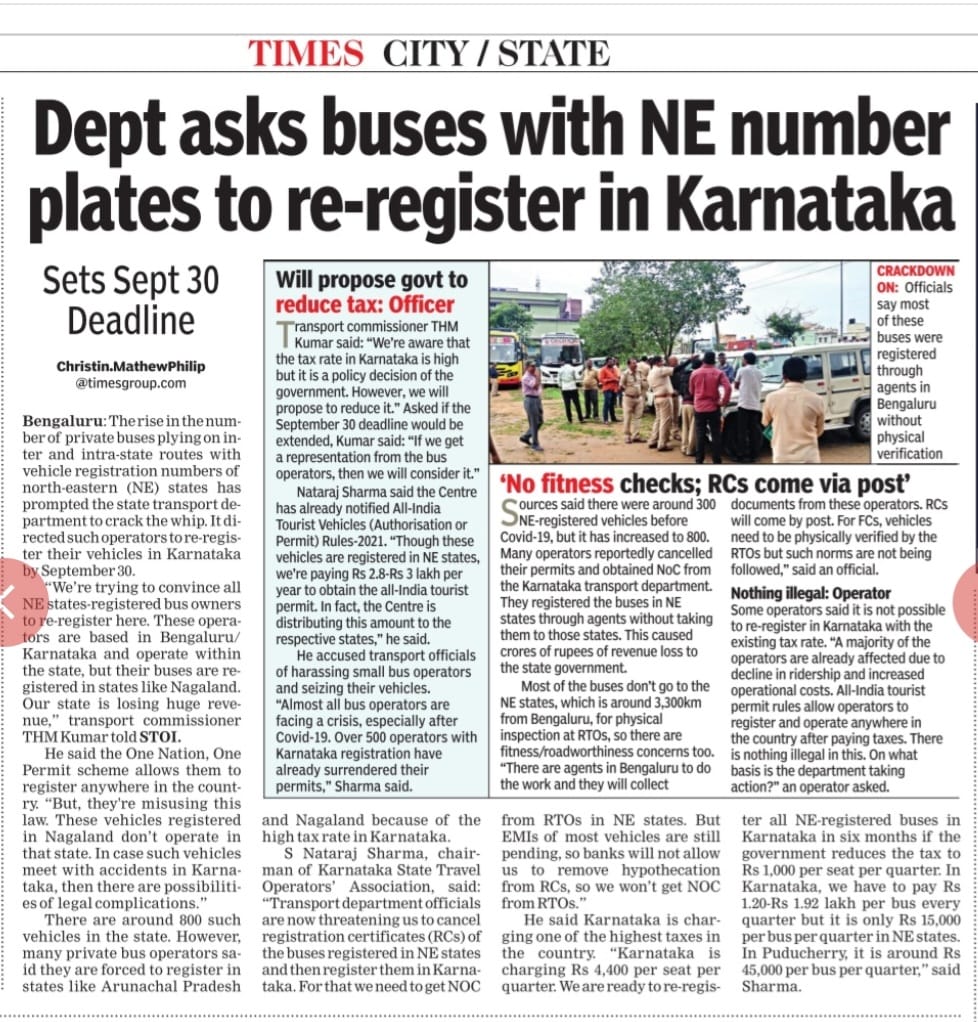 . <a href="/tdkarnataka/">ಸಾರಿಗೆ ಇಲಾಖೆ ,Transport Department Karnataka</a> asks buses with NE number plates to re-register in Karnataka <a href="/MORTHIndia/">MORTHINDIA</a> <a href="/nitin_gadkari/">Nitin Gadkari</a>  <a href="/sriramulubjp/">B Sriramulu</a> <a href="/nakapnaloffcial/">Nakap Nalo Official</a> <a href="/princepaiwang/">P Paiwang Konyak</a>