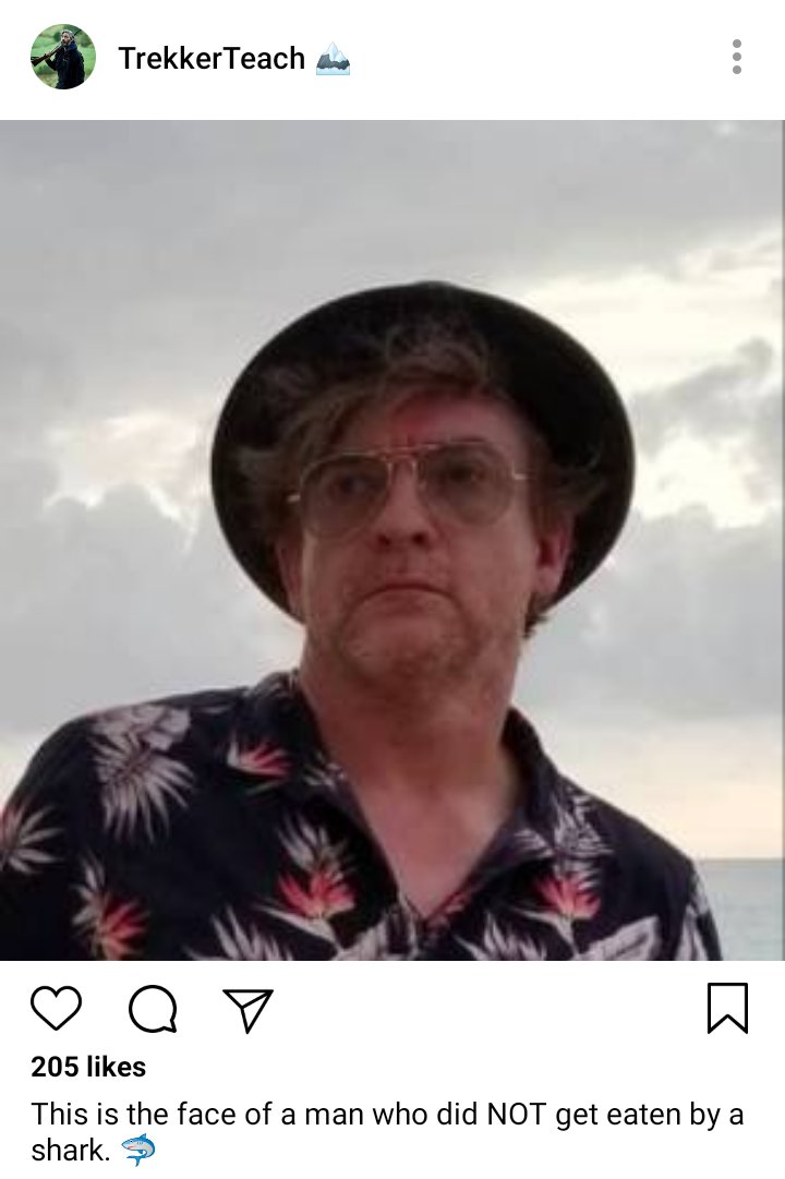 Ed's Instagram, picture of Stede. Caption reads 'This is the face of a man who did NOT get eaten by a shark.'