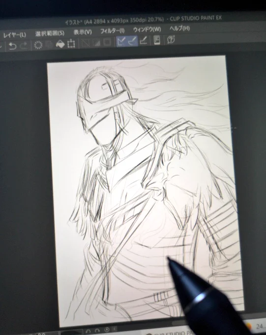 液タブの画面保護シート届いたので、さっそくイラスト描いてる。とりあえずラフ。問題は多分色塗りで、厚塗りだとかグリザイユ塗りとか色々あるらしいが何も知らんので、線画はできても色塗りで破綻する可能性大。 