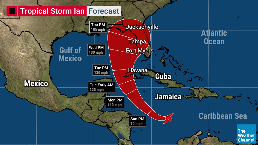 weatherchannel's tweet photo. A State of Emergency has been declared for Florida. 

Expect Tropical #Ian to bring heavy rainfall, high winds, and power outages across most of the state.

Start preparing your storm plan now if you haven't already. https://t.co/KIL3q65VBc