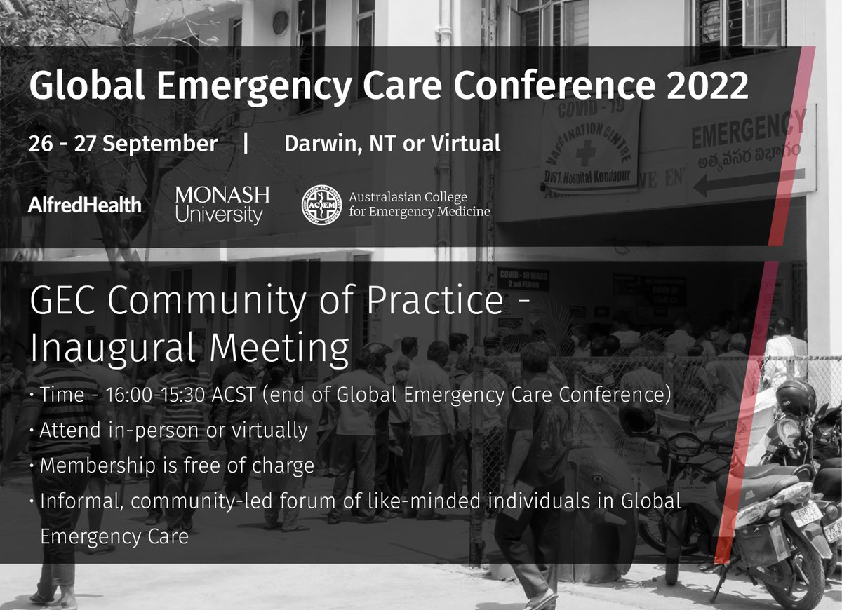 Interested in global emergency care development? Sign up for the Global Emergency Care Conference and Community of Practice meeting on Tuesday 27th September 2022 in Darwin, Australia and online. Hope you can join the conversation! emergencyeducation.org.au/program/global…